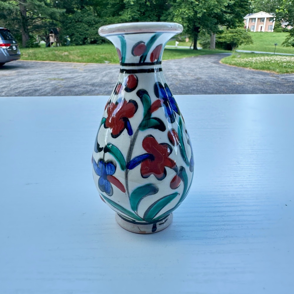 Icaros Rhodes Greece Hand Painted Ceramic Floral Vase Vintage Iznik Style 4"